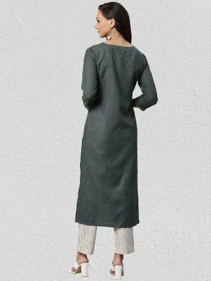 KSUT Olive Green & Off-White Solid Kurta with Trousers