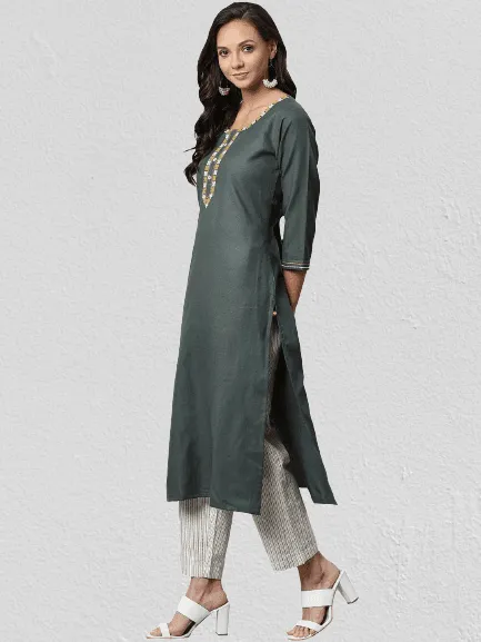 KSUT Olive Green & Off-White Solid Kurta with Trousers