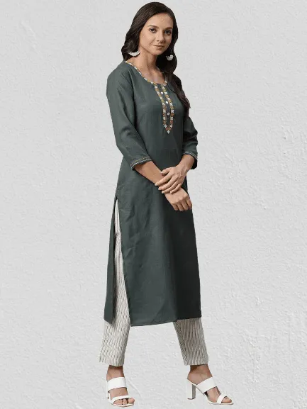 KSUT Olive Green & Off-White Solid Kurta with Trousers