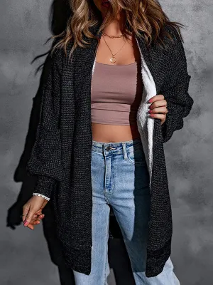 Long Sleeves Loose Keep Warm Solid Color Collarless Cardigan Tops