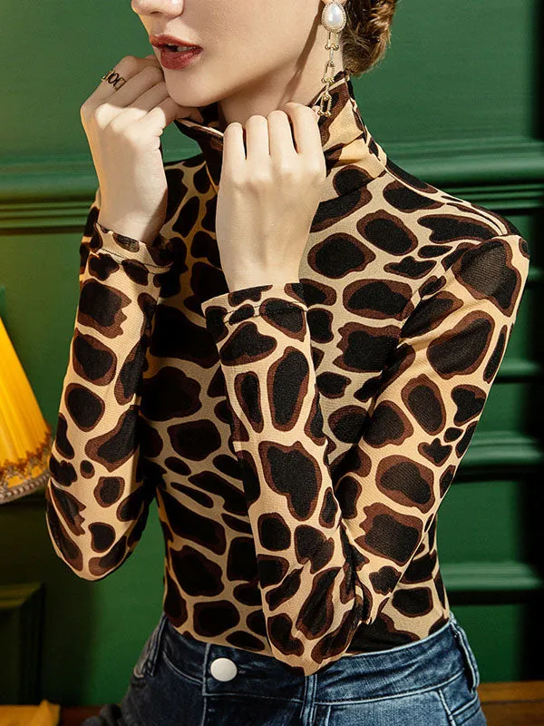 Long Sleeves Skinny Leopard High-Neck T-Shirts Tops