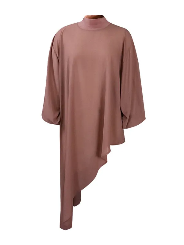 Loose See-Through Long Sleeves Asymmetric Solid Color High-Neck T-Shirts Tops