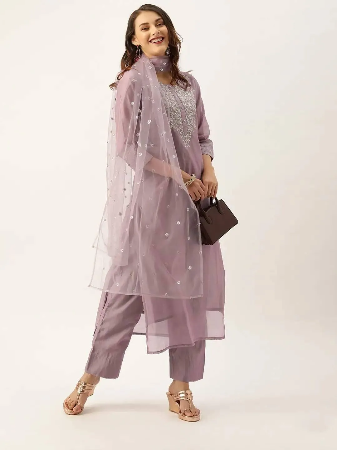 Mauve Zari Yoke Design Chanderi Silk Kurta with Trousers & Dupatta