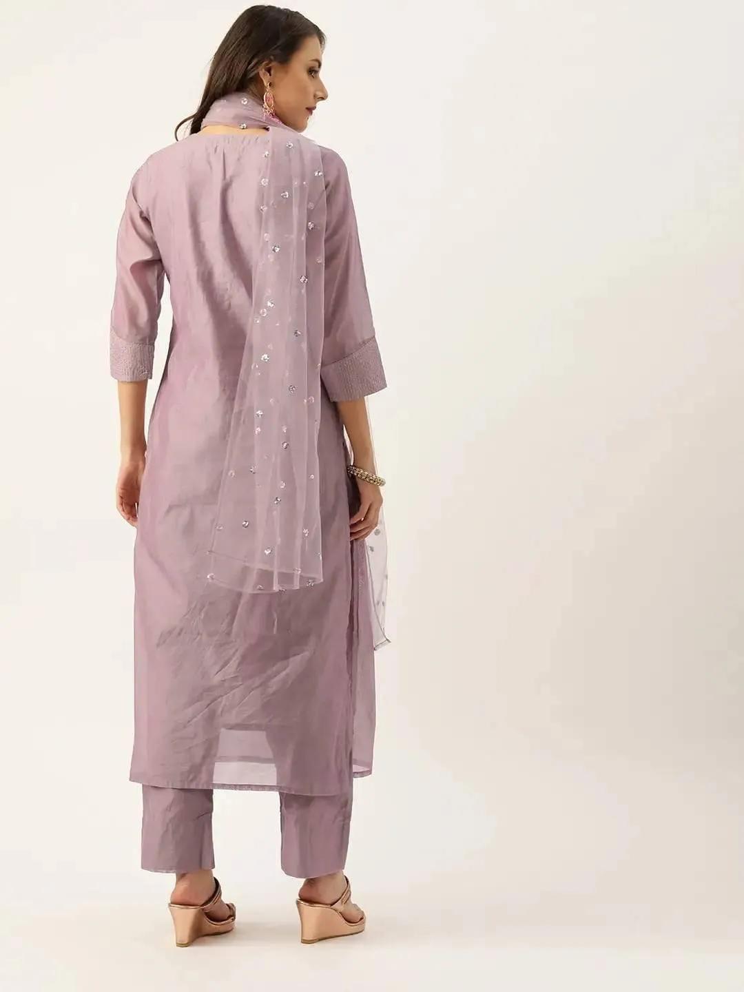 Mauve Zari Yoke Design Chanderi Silk Kurta with Trousers & Dupatta