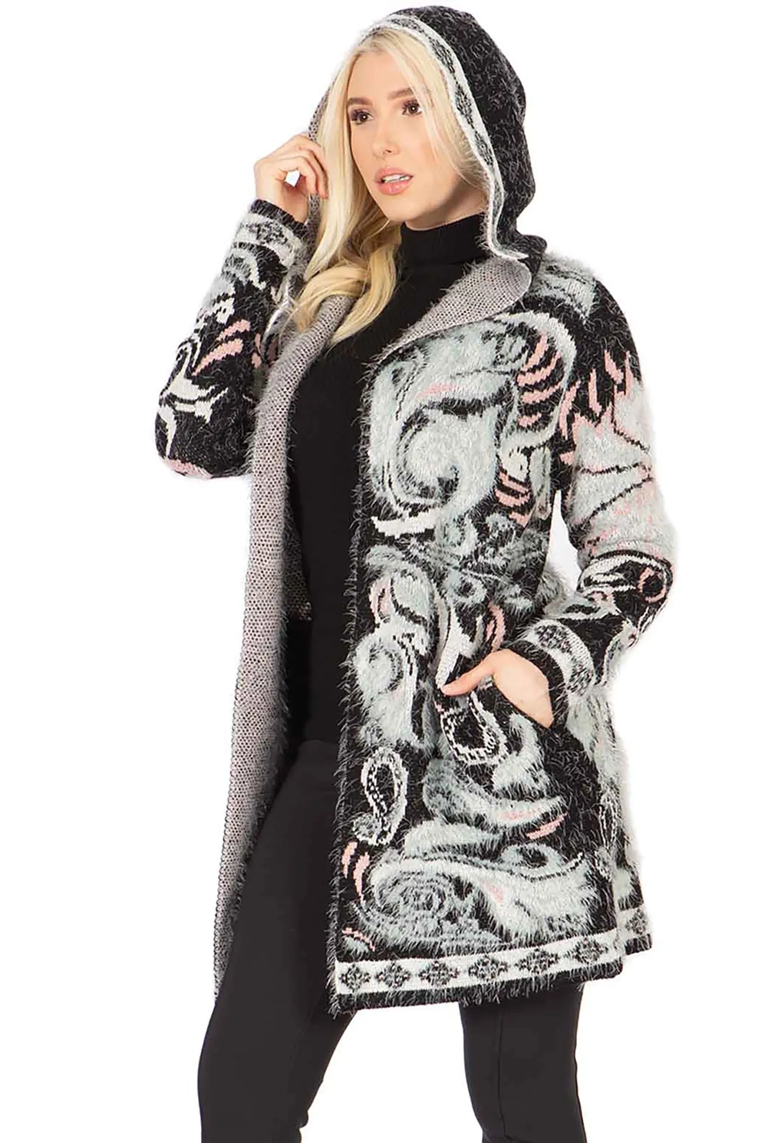 Maxsport MX35075 Hooded Print Knit Eyelash Cardigan