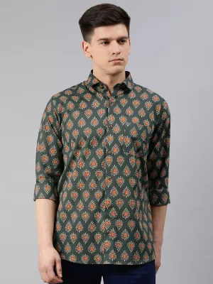 Men's Dark Green Cotton Full Sleeves Shirts For Men - Taantav