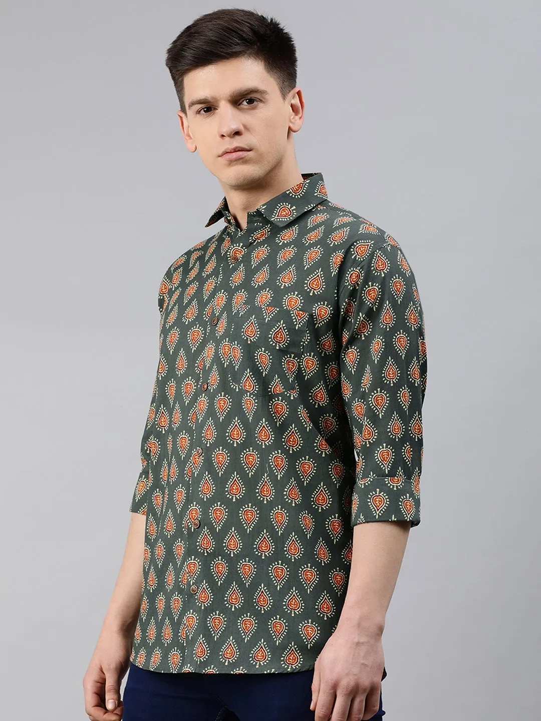 Men's Dark Green Cotton Full Sleeves Shirts For Men - Taantav