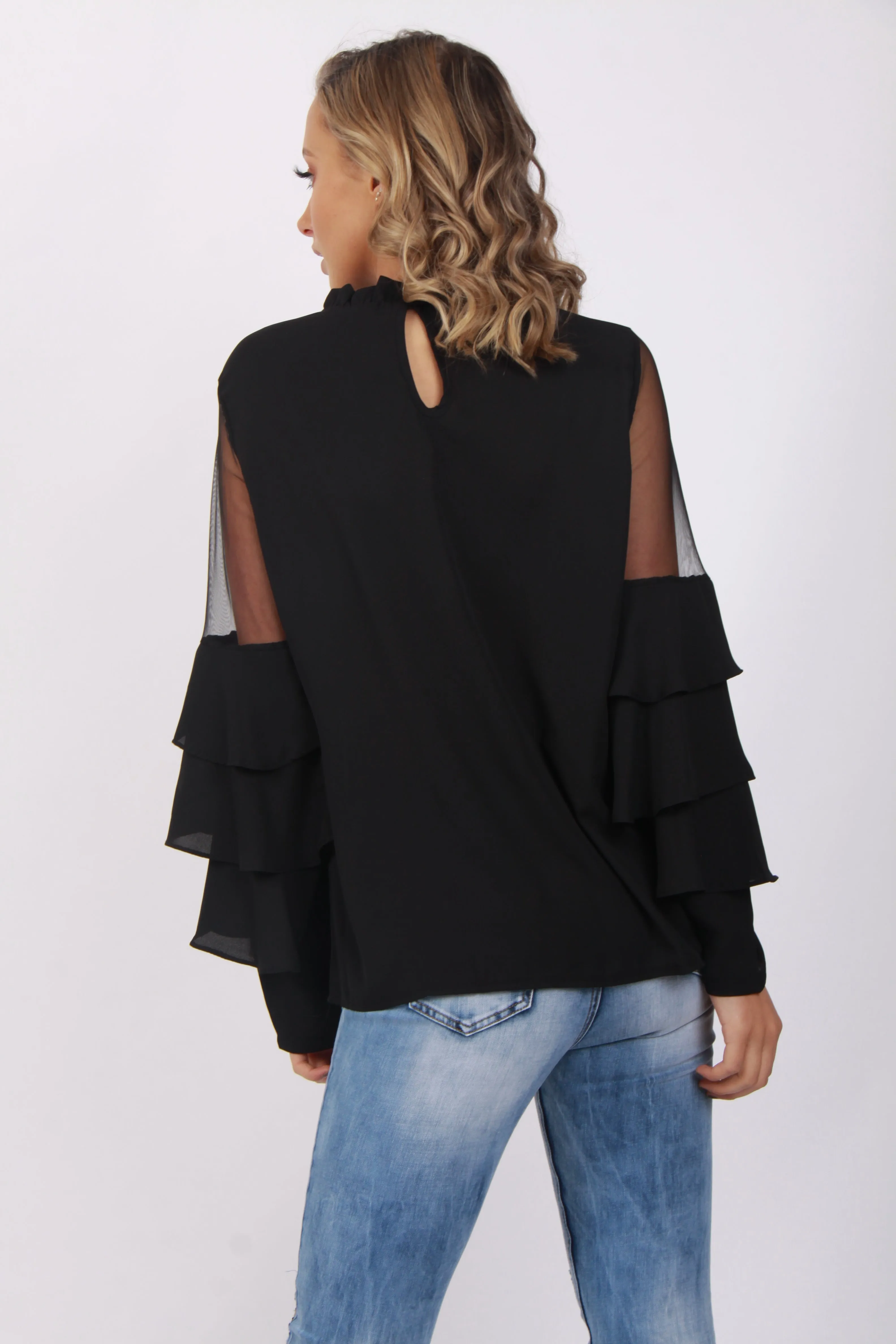 Mesh Ruffle Sleeve Blouse Top