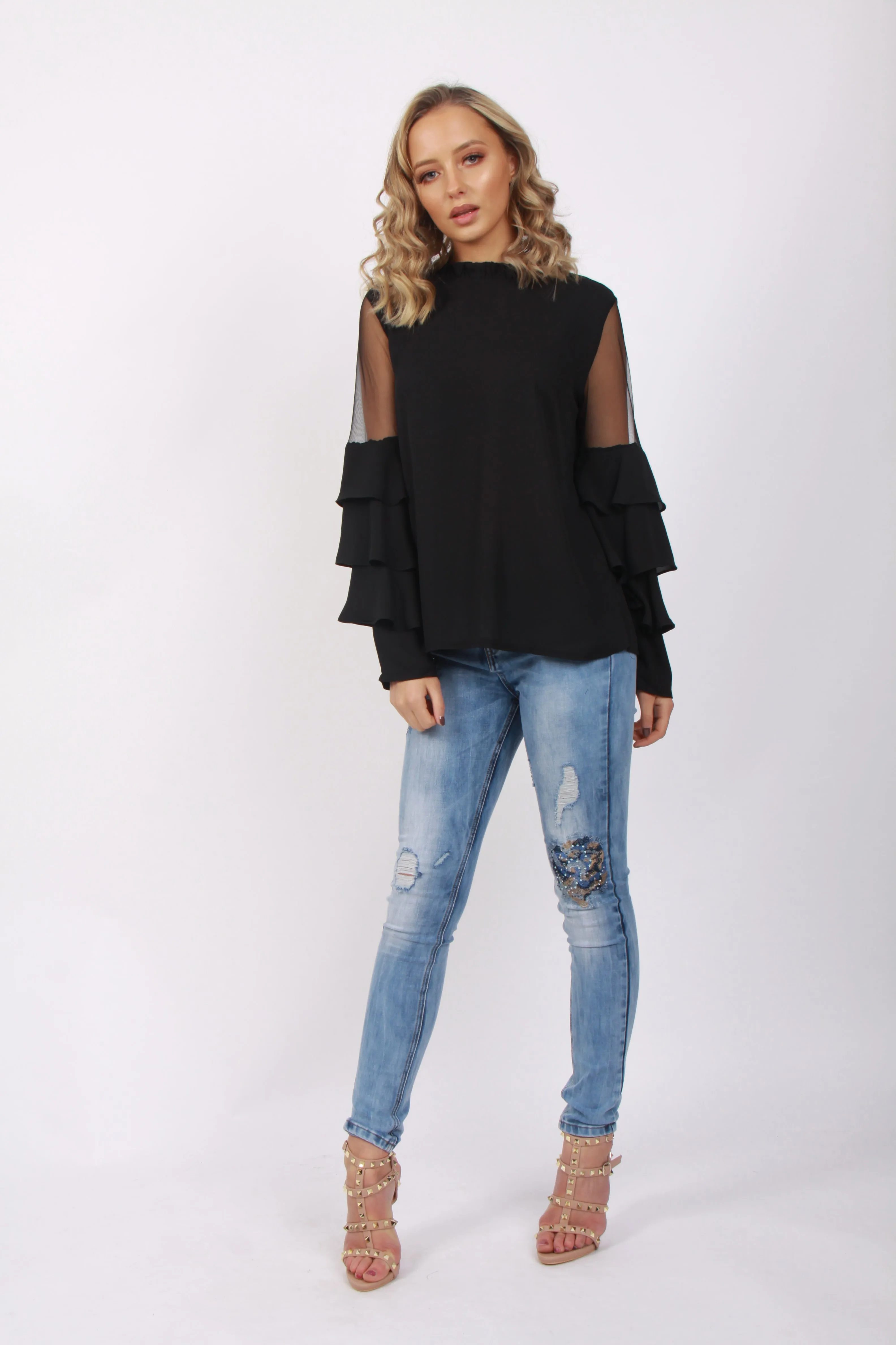 Mesh Ruffle Sleeve Blouse Top