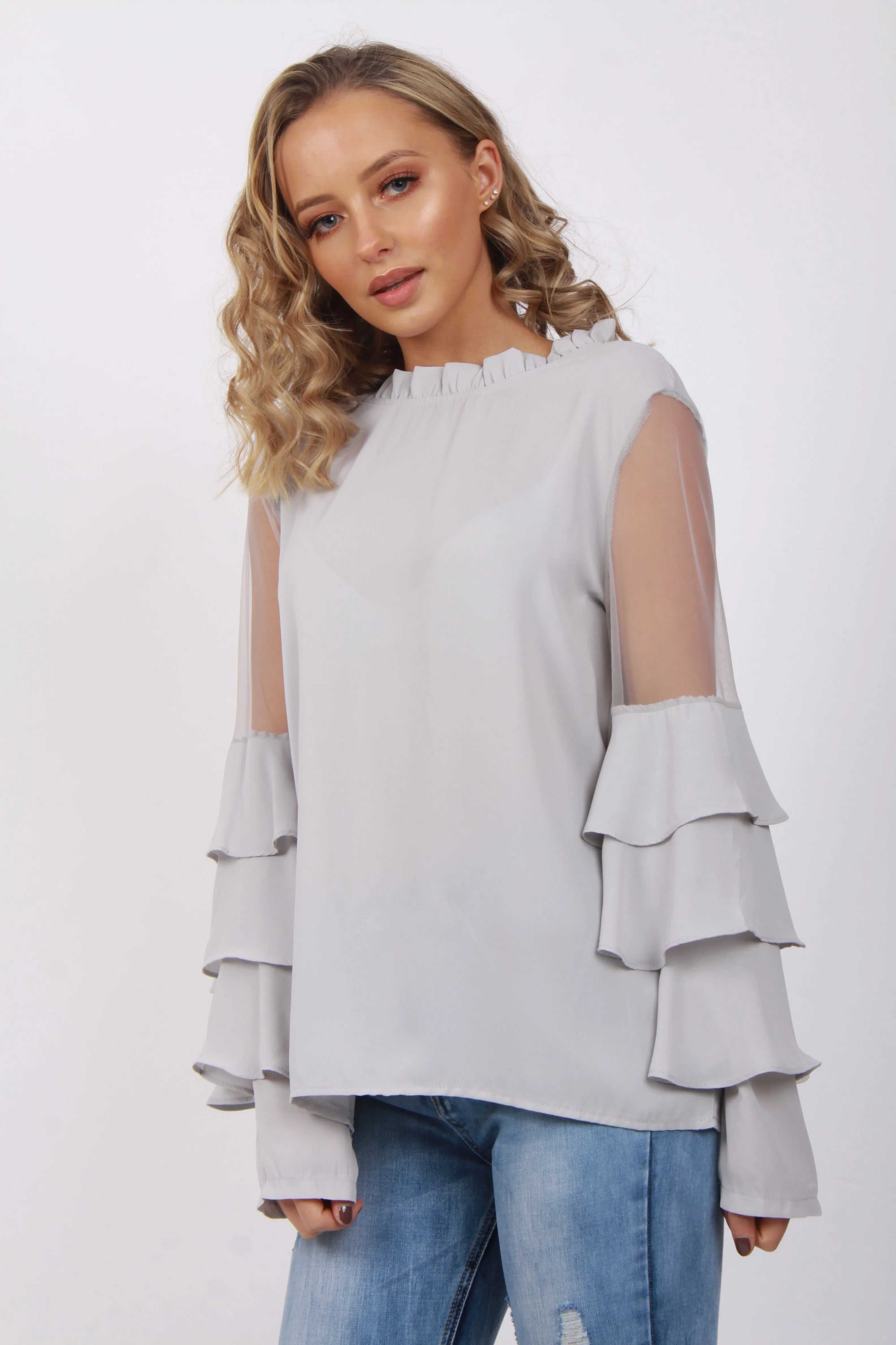 Mesh Ruffle Sleeve Blouse Top