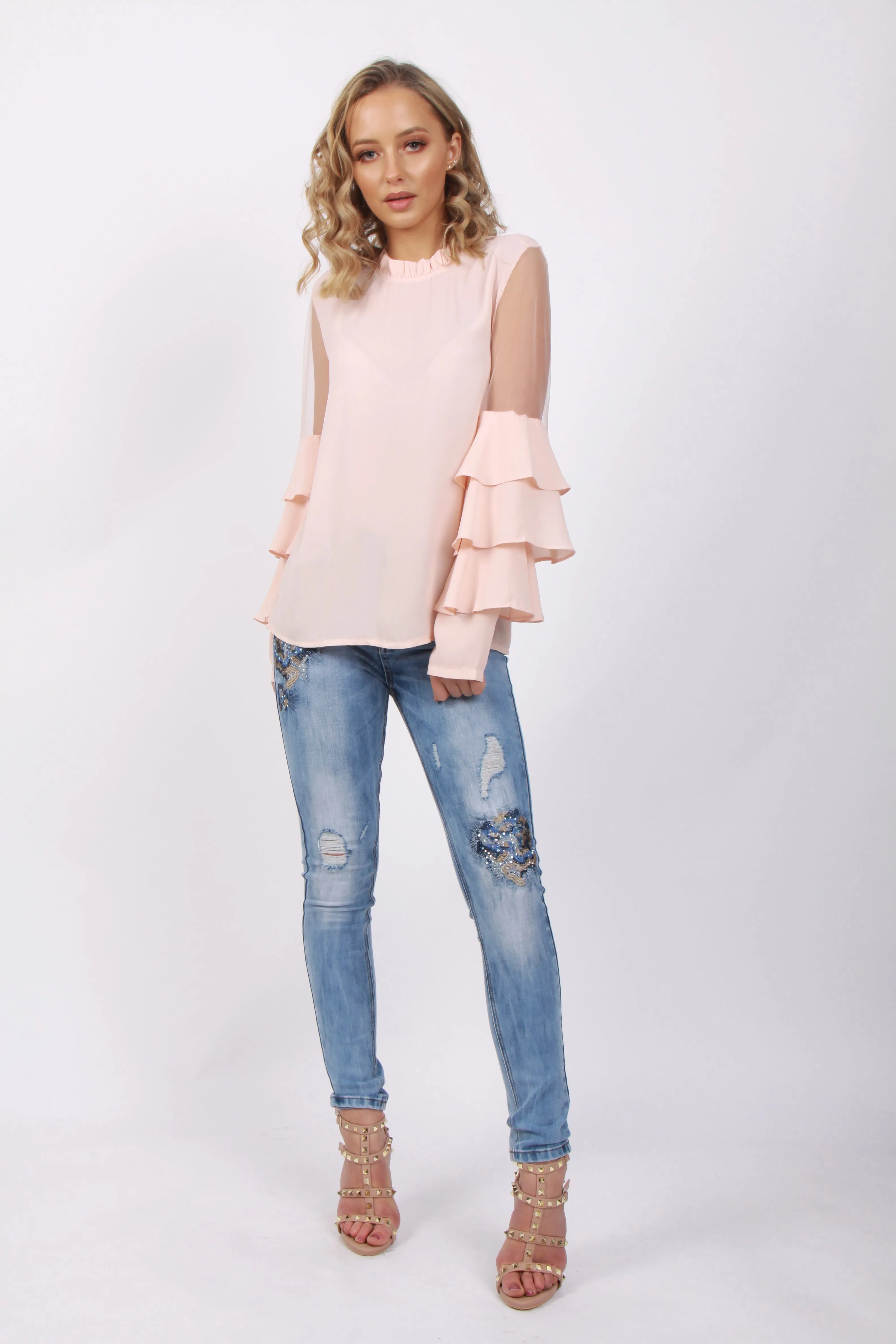 Mesh Ruffle Sleeve Blouse Top