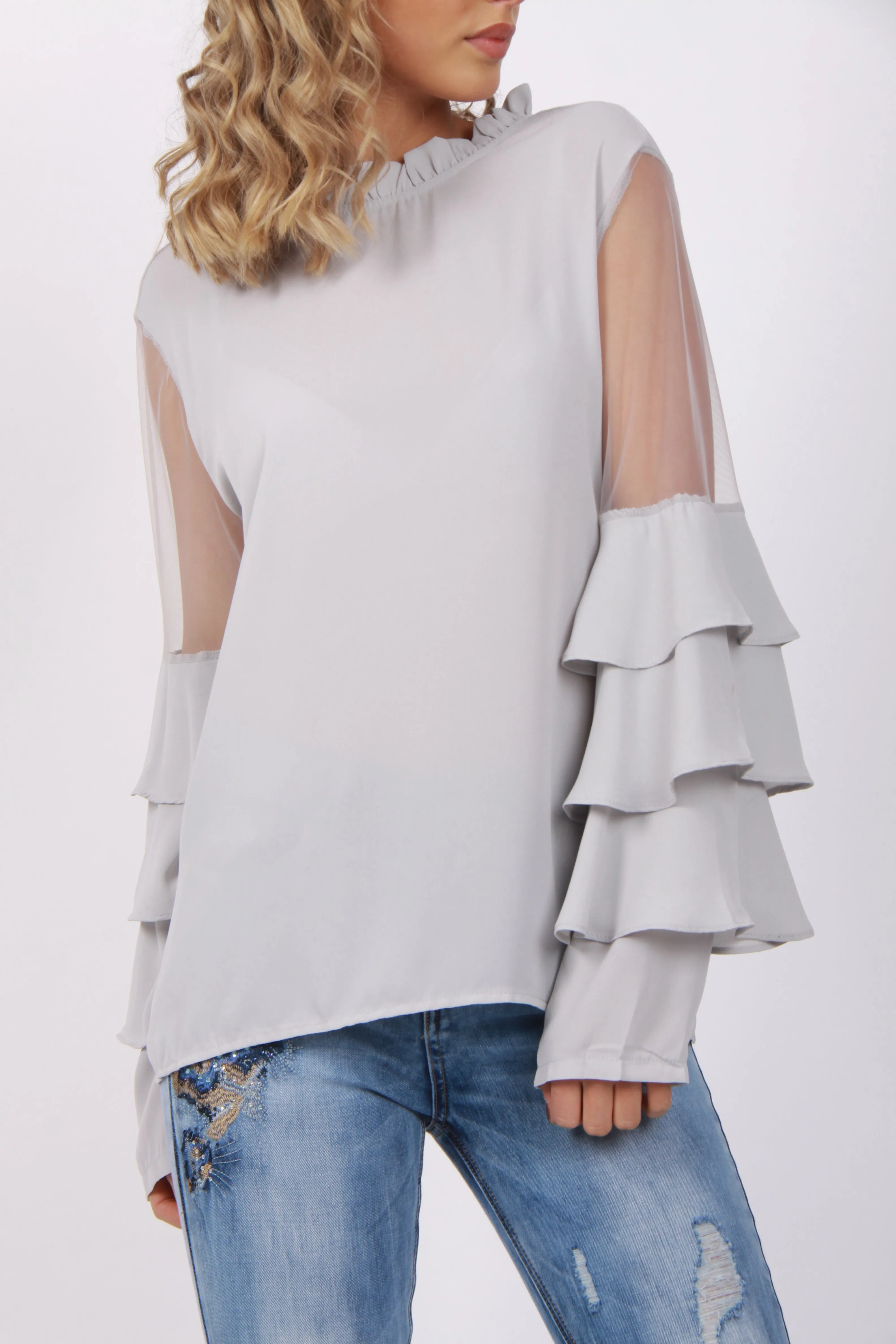 Mesh Ruffle Sleeve Blouse Top