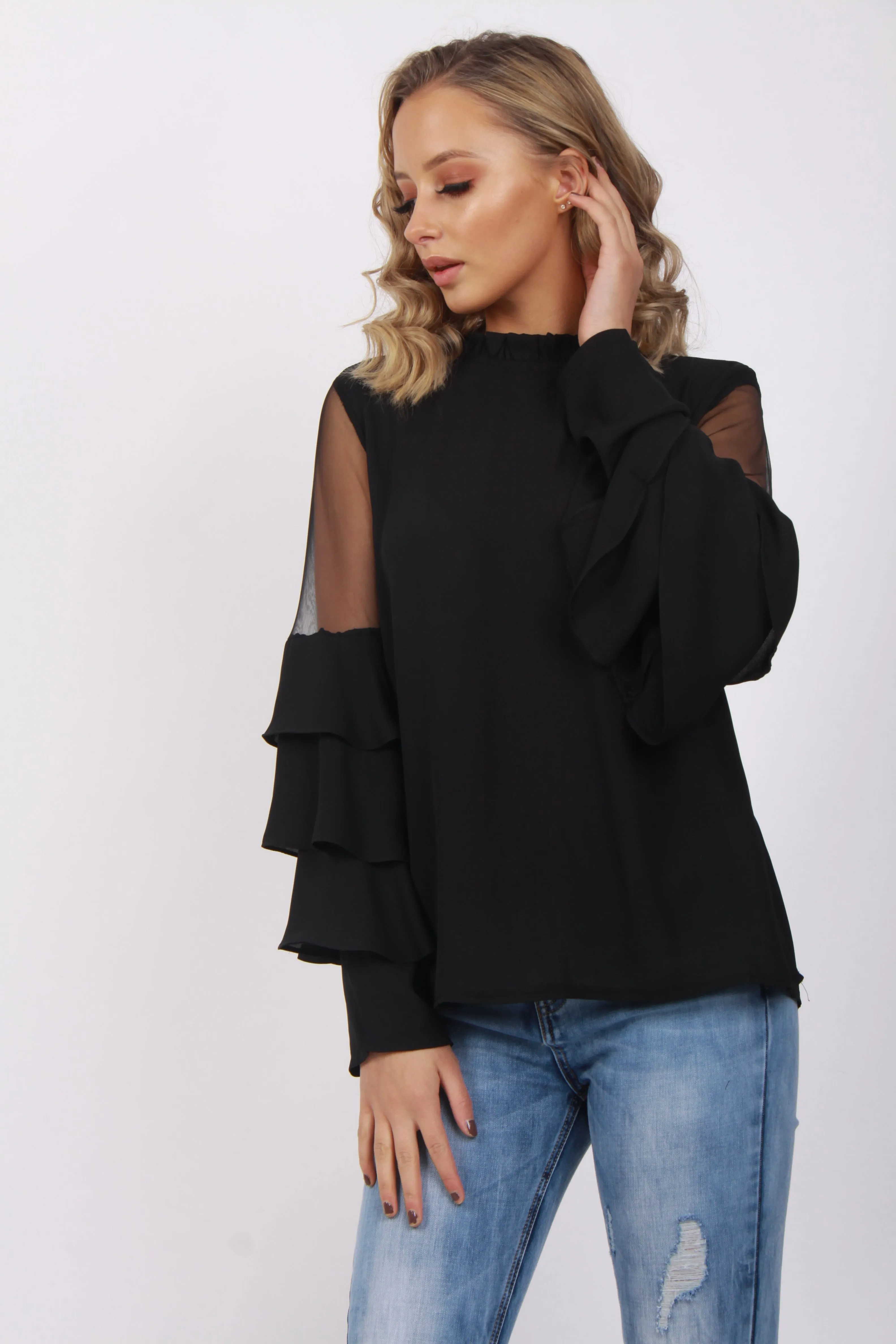 Mesh Ruffle Sleeve Blouse Top