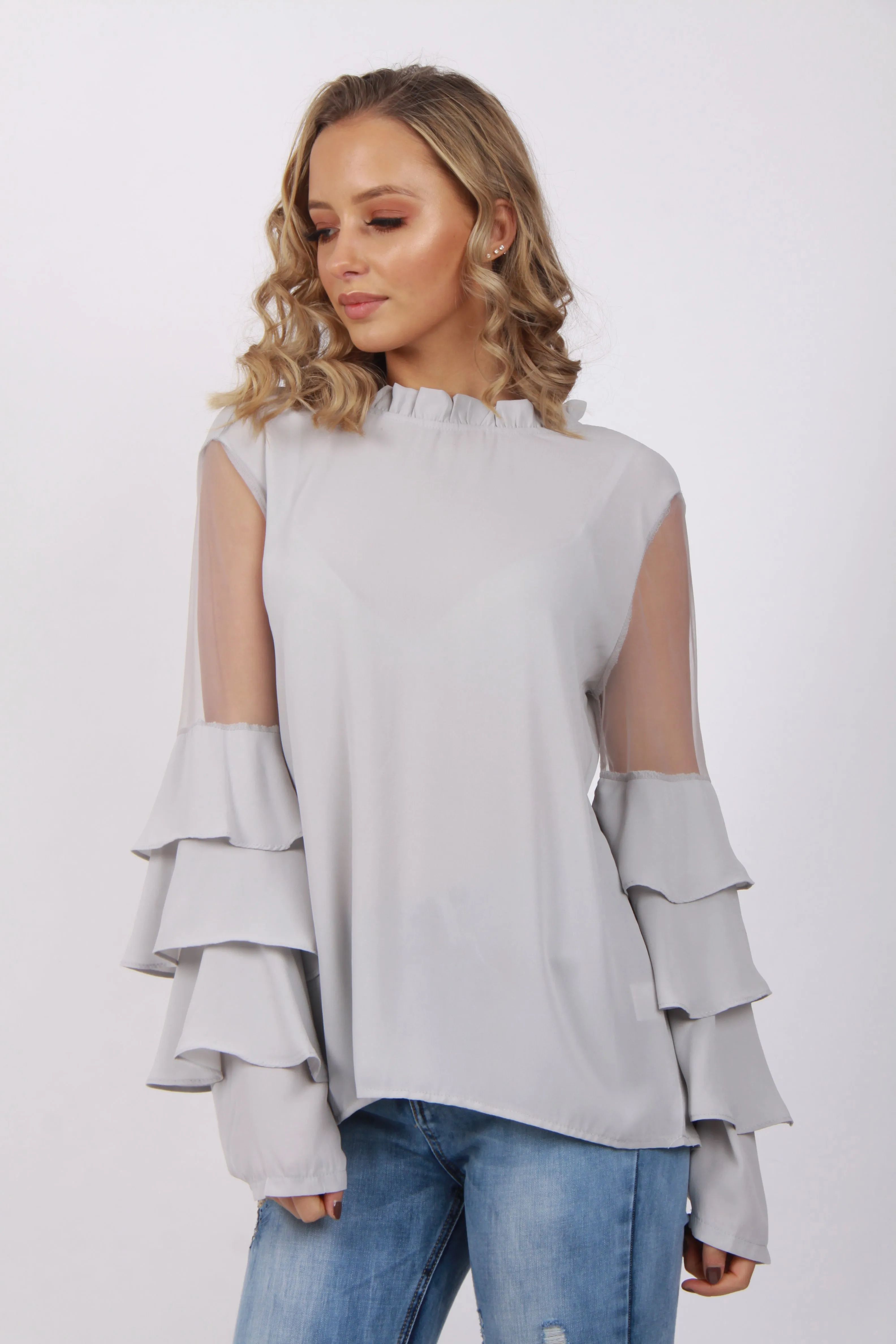 Mesh Ruffle Sleeve Blouse Top