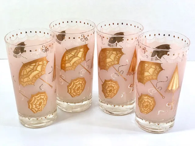 Mid-Century Pink & 22-Karat Gold Umbrella Mary Poppins Highball Glasses (Set of 4)