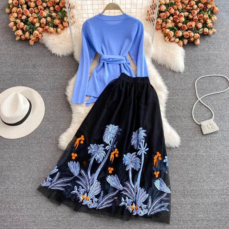 mid-length knee-length mesh embroidered skirt, two-piece suit sweater      S4017