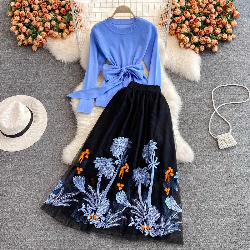 mid-length knee-length mesh embroidered skirt, two-piece suit sweater      S4017