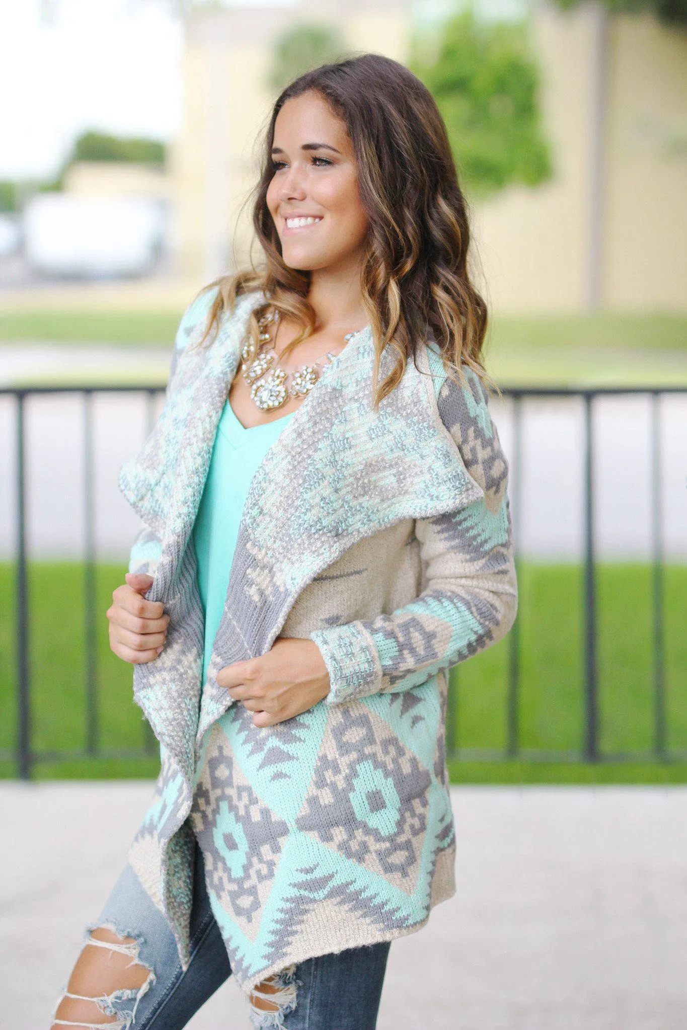 Mint and Gray Aztec Cardigan