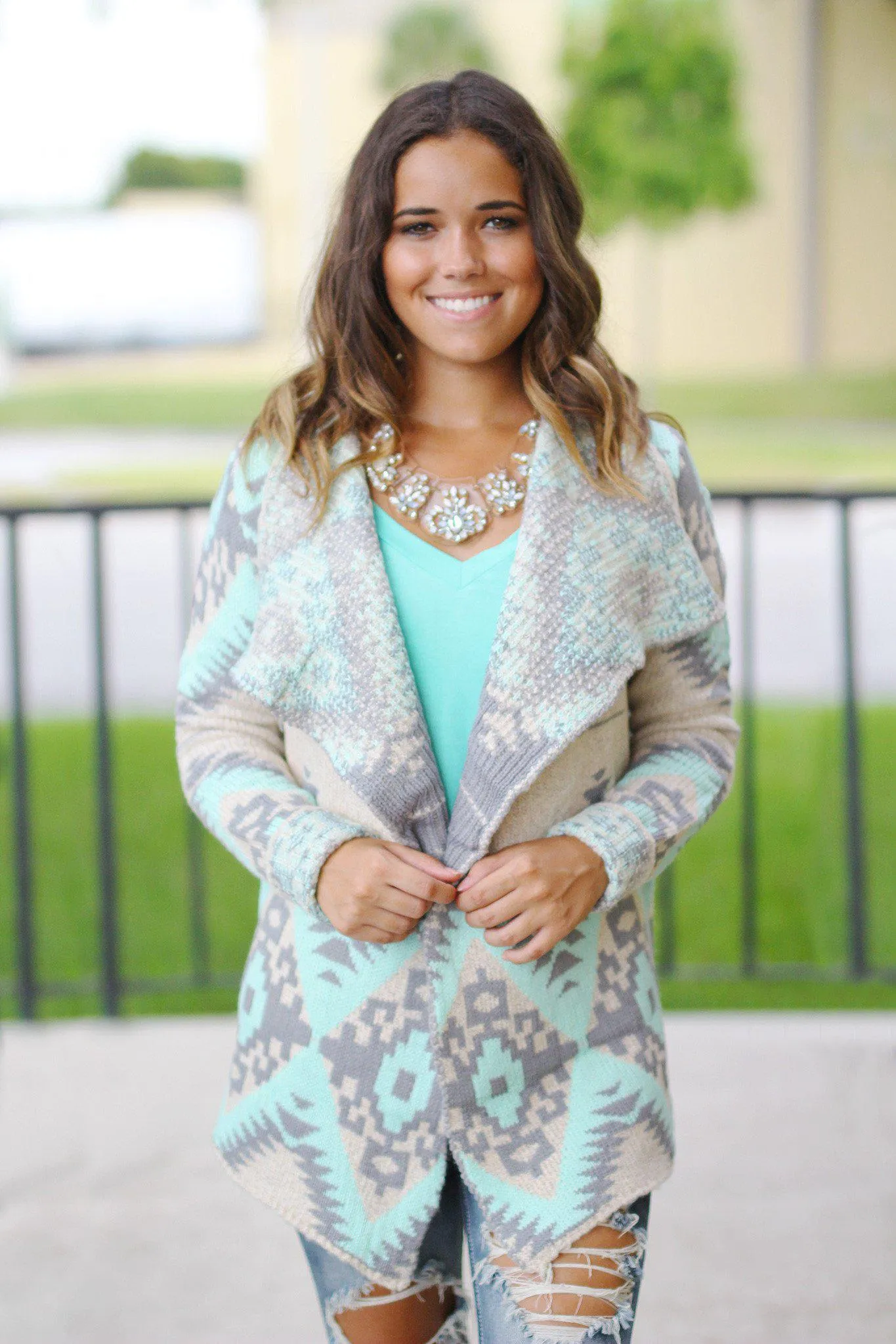 Mint and Gray Aztec Cardigan