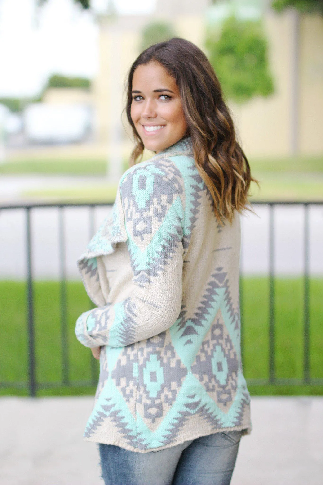 Mint and Gray Aztec Cardigan