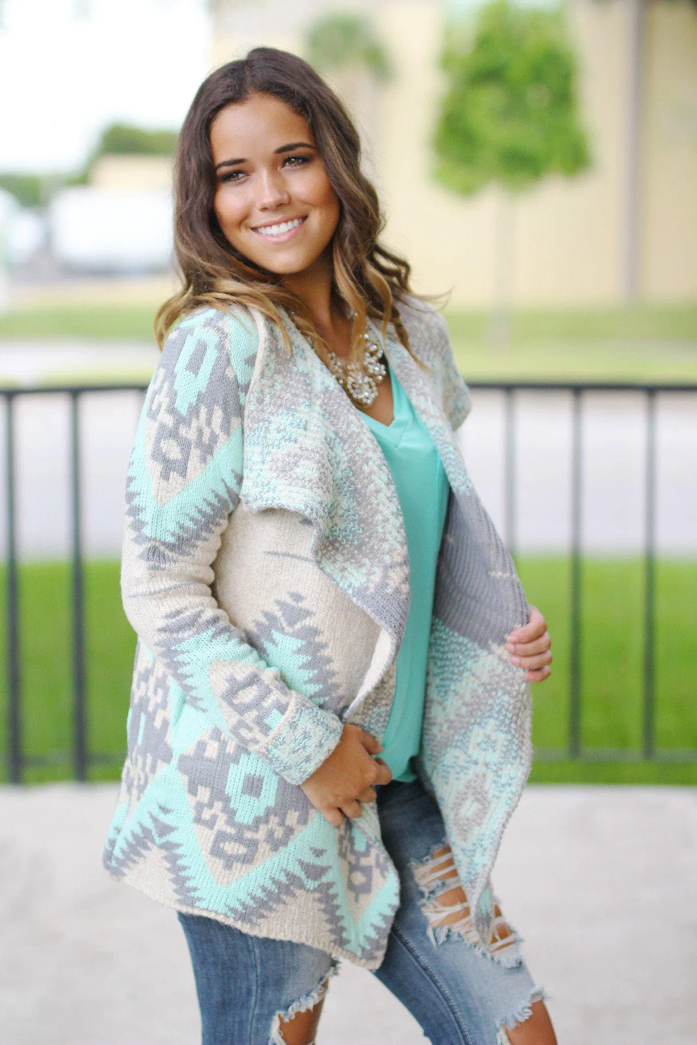 Mint and Gray Aztec Cardigan