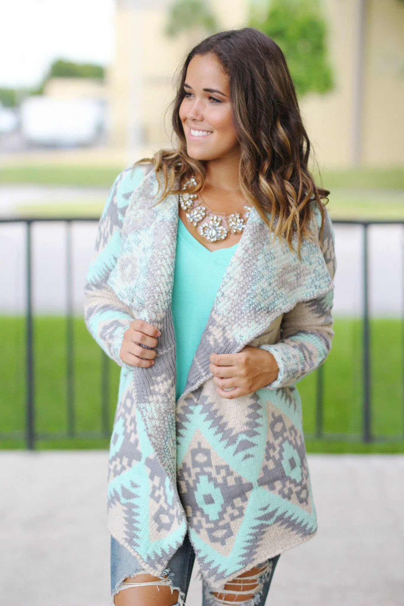 Mint and Gray Aztec Cardigan