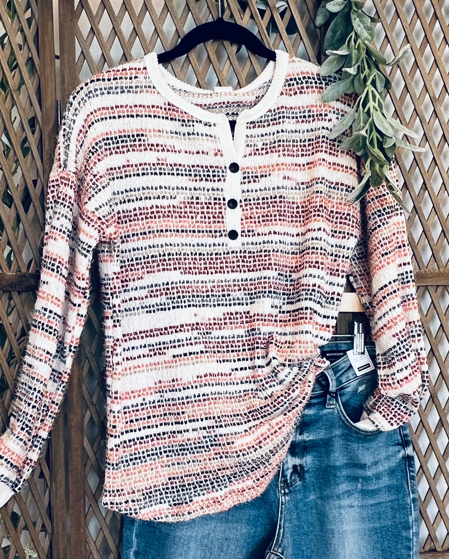 Multi-Color Knit Button Front Long Sleeve Top