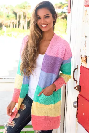 Multi Colored Open Cardigan with Pockets