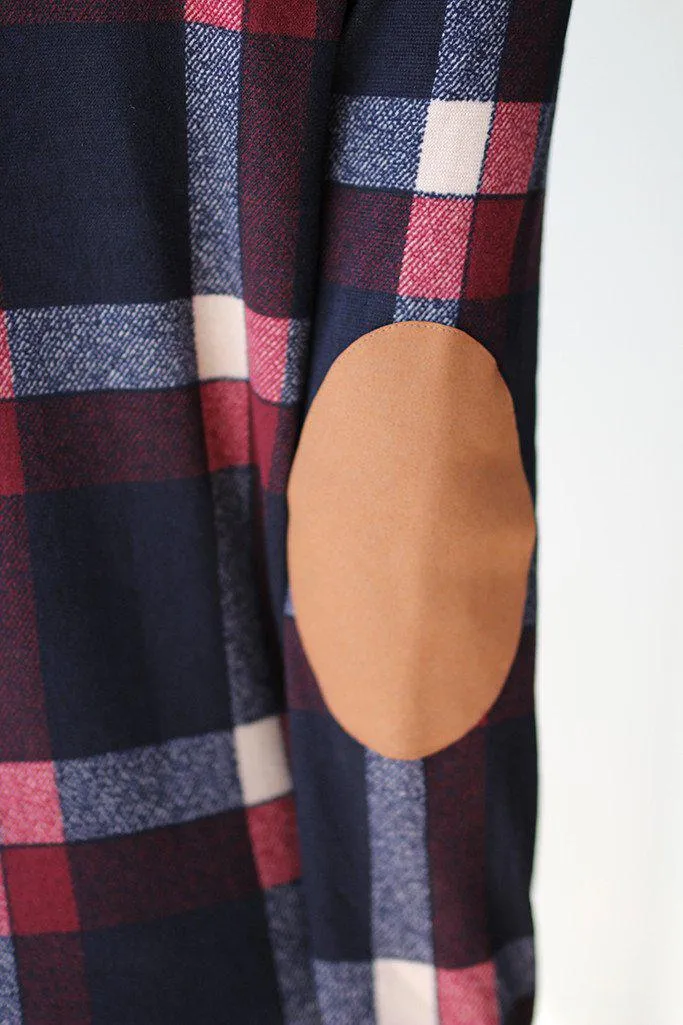 Navy and Burgundy Plaid Cardigan with Elbow Patches