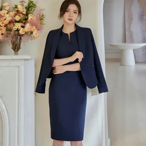 Navy Double-Breasted Blazer and Pencil Skirt Set