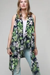 Navy floral and tropical leaf kimono