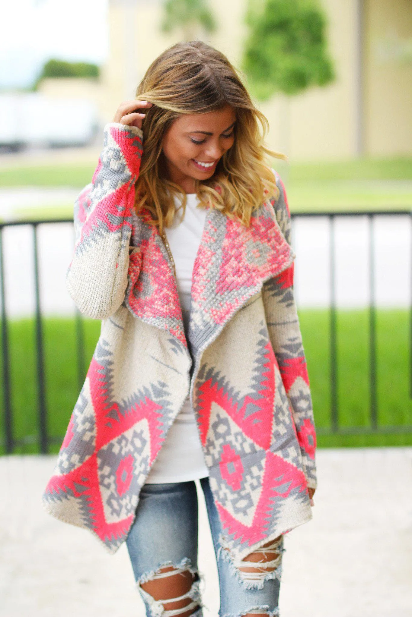 Neon Pink and Gray Aztec Cardigan