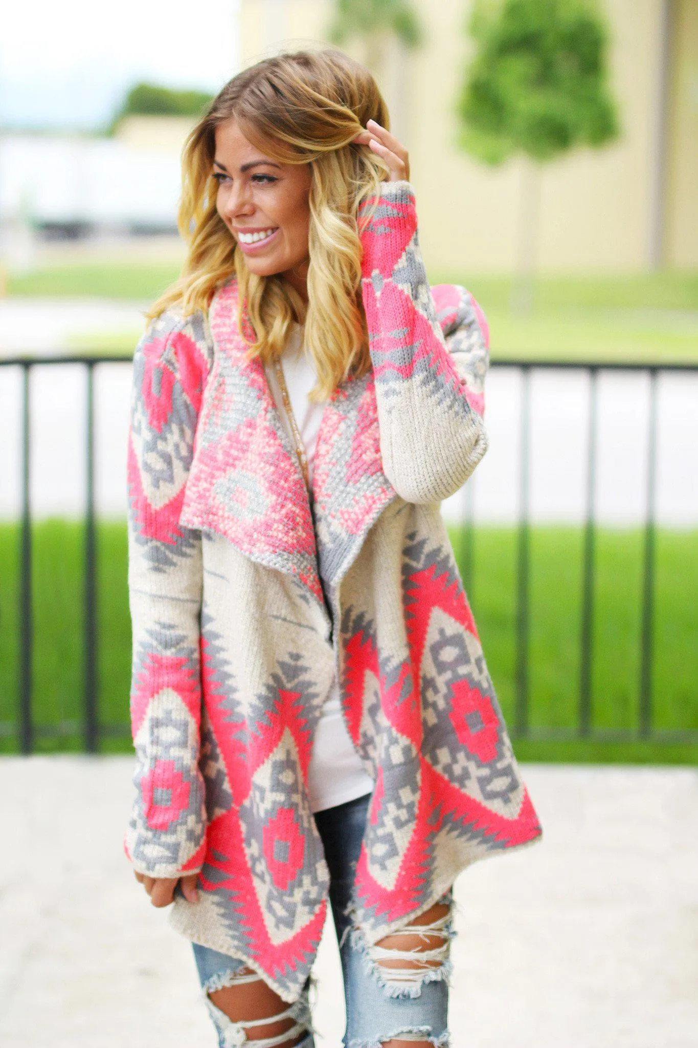 Neon Pink and Gray Aztec Cardigan