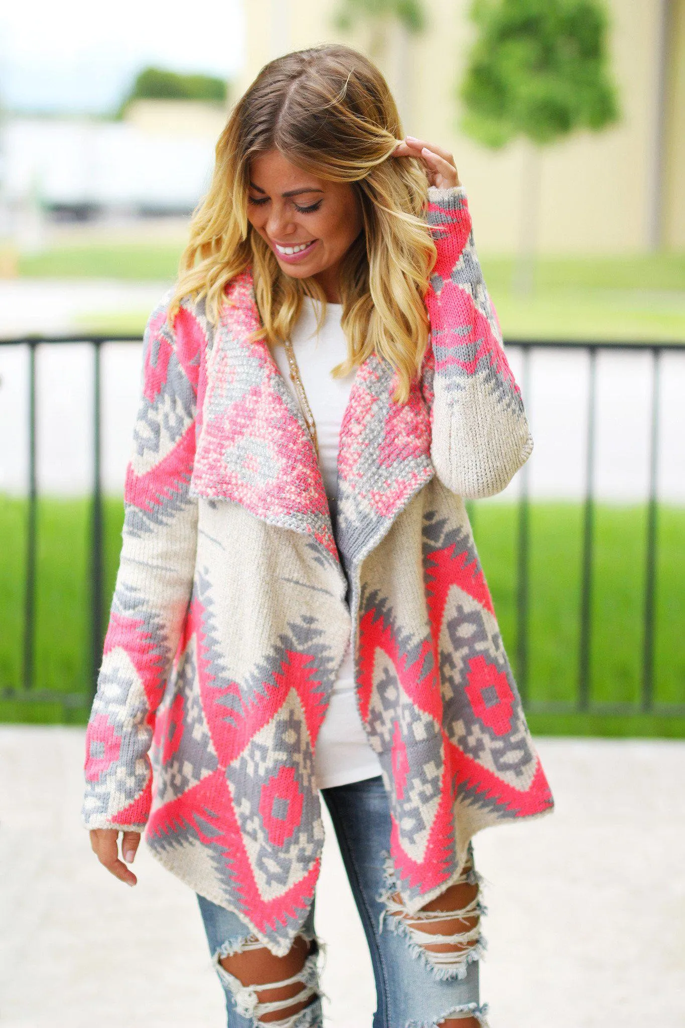 Neon Pink and Gray Aztec Cardigan