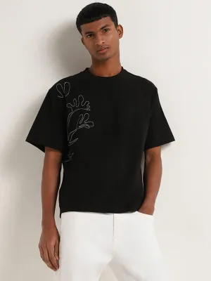 Nuon Black Embroidered Cotton Blend Relaxed Fit T-Shirt