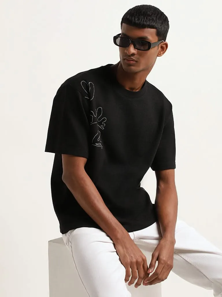 Nuon Black Embroidered Cotton Blend Relaxed Fit T-Shirt