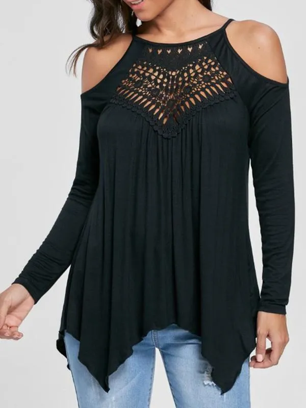 Patchwork off-the-shoulder Long-sleeved Casual T-shirt