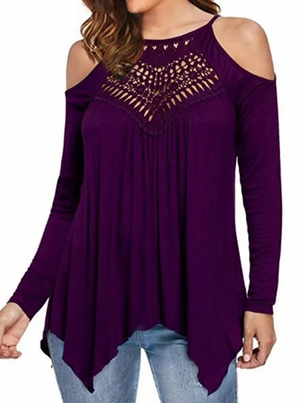 Patchwork off-the-shoulder Long-sleeved Casual T-shirt