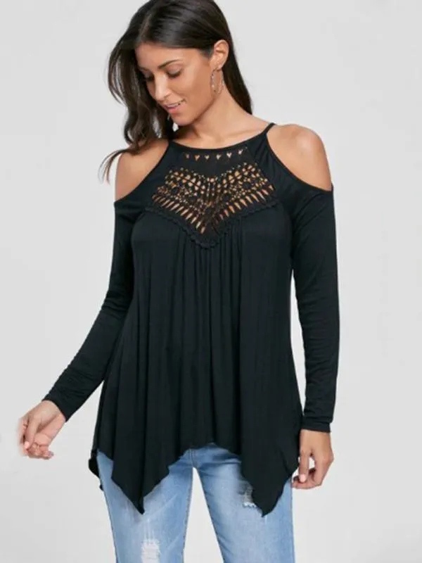 Patchwork off-the-shoulder Long-sleeved Casual T-shirt