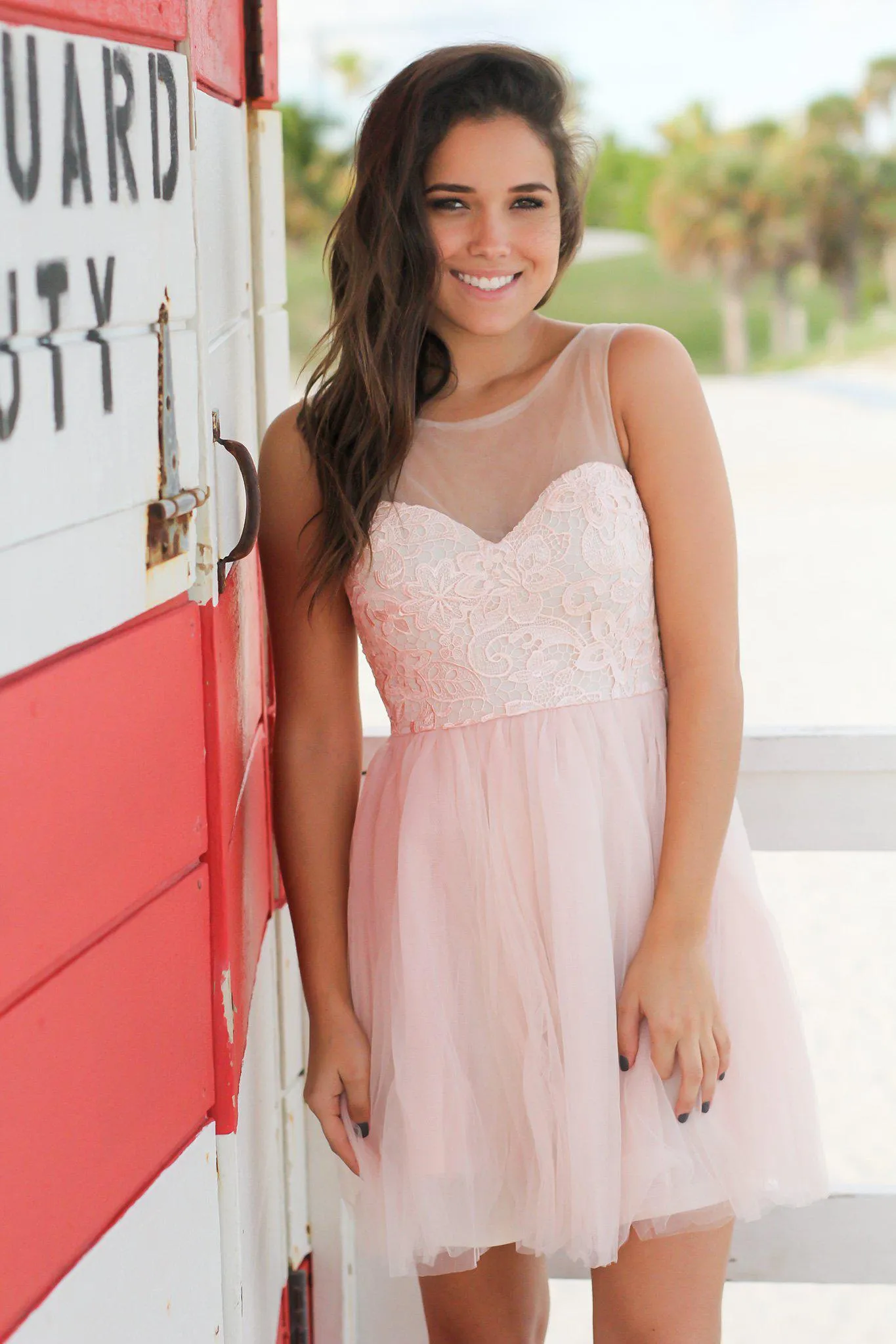 Pink Tulle Short Dress with Lace Top