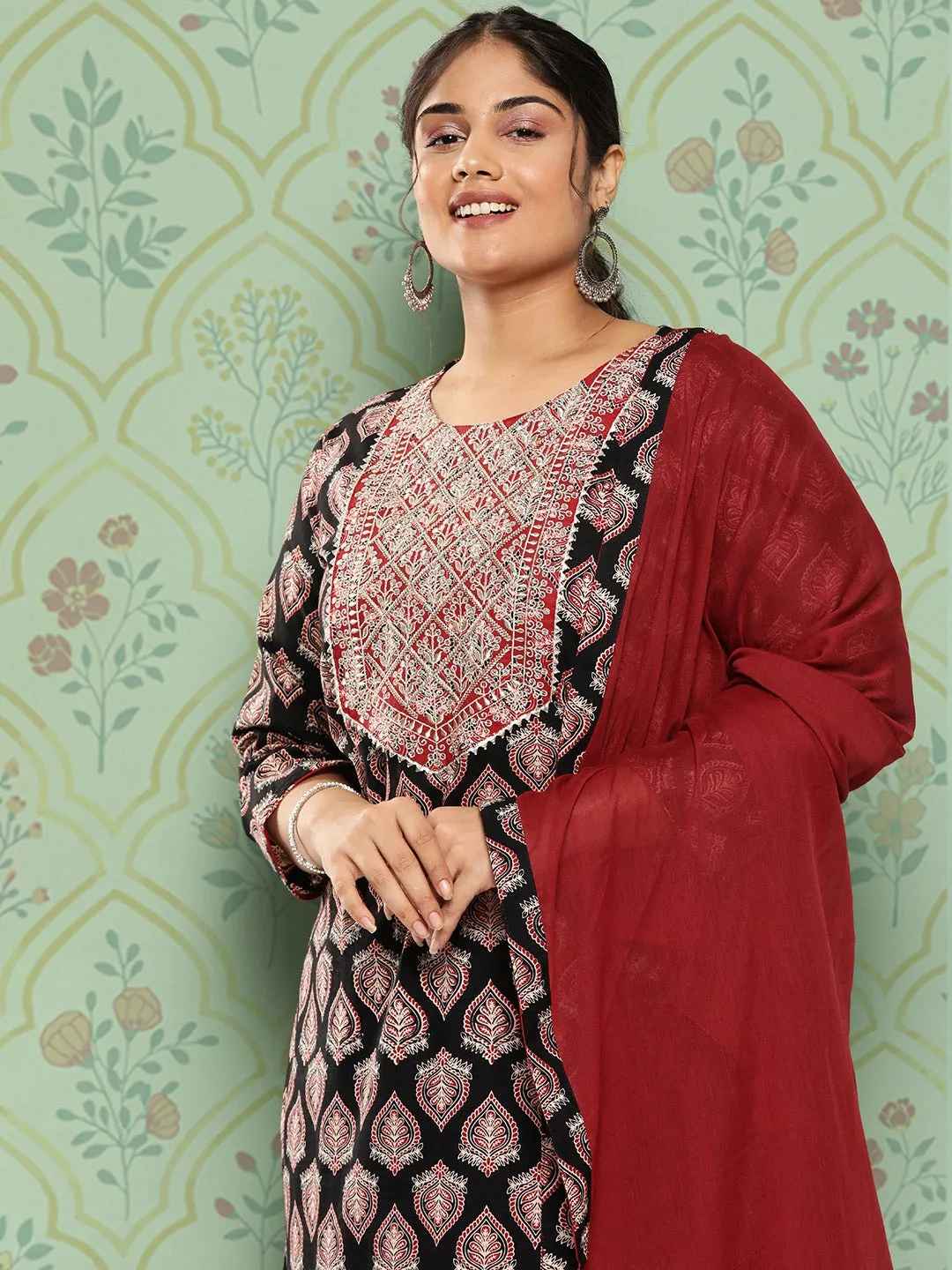 Plus Size Black Ethnic Embroidered Zari Pure Cotton Kurta With Trousers & Dupatta