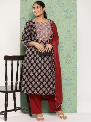 Plus Size Black Ethnic Embroidered Zari Pure Cotton Kurta With Trousers & Dupatta