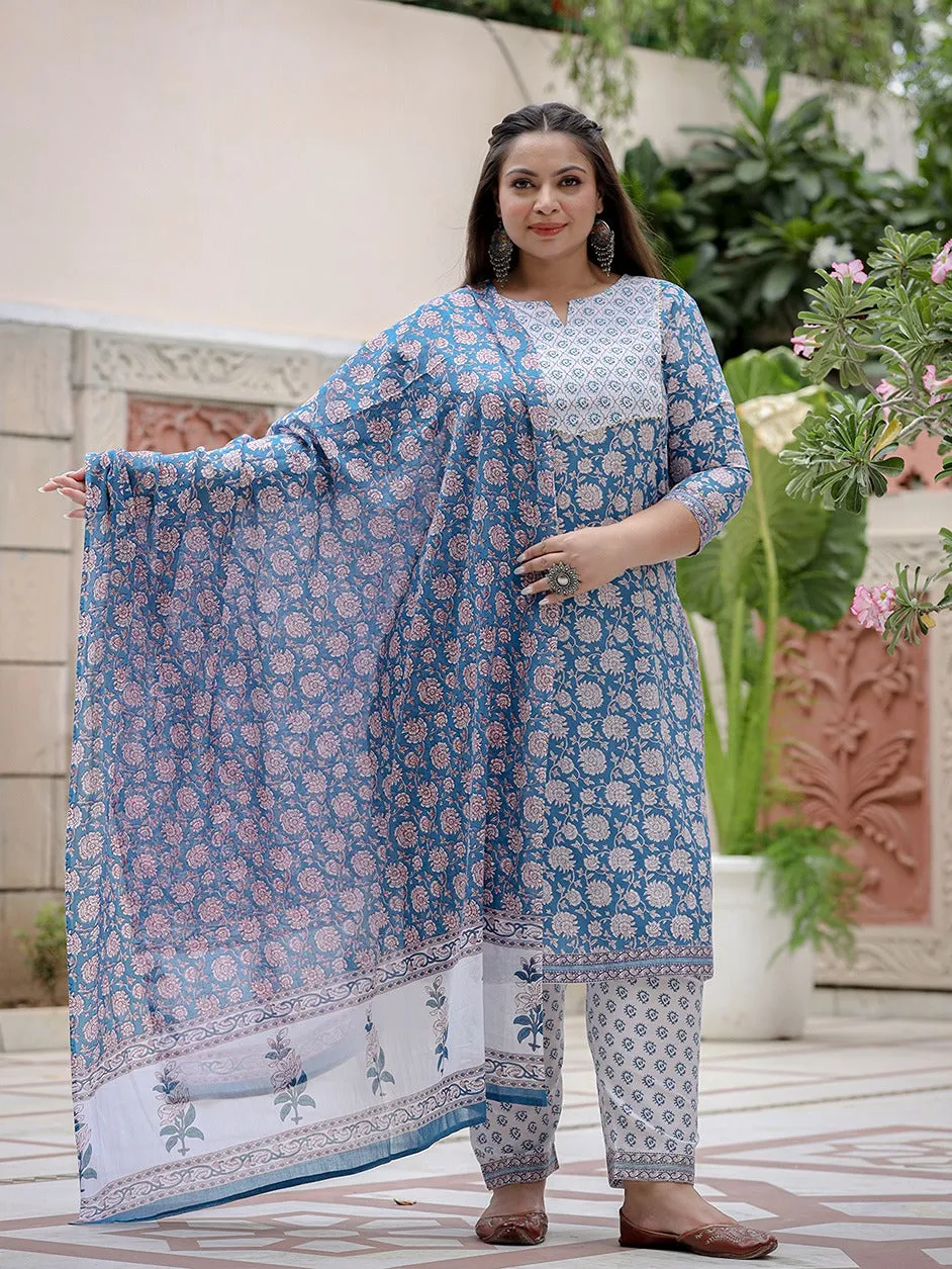 Plus Size Floral Printed Sequinned Pure Cotton Kurta & Trousers With Dupatta