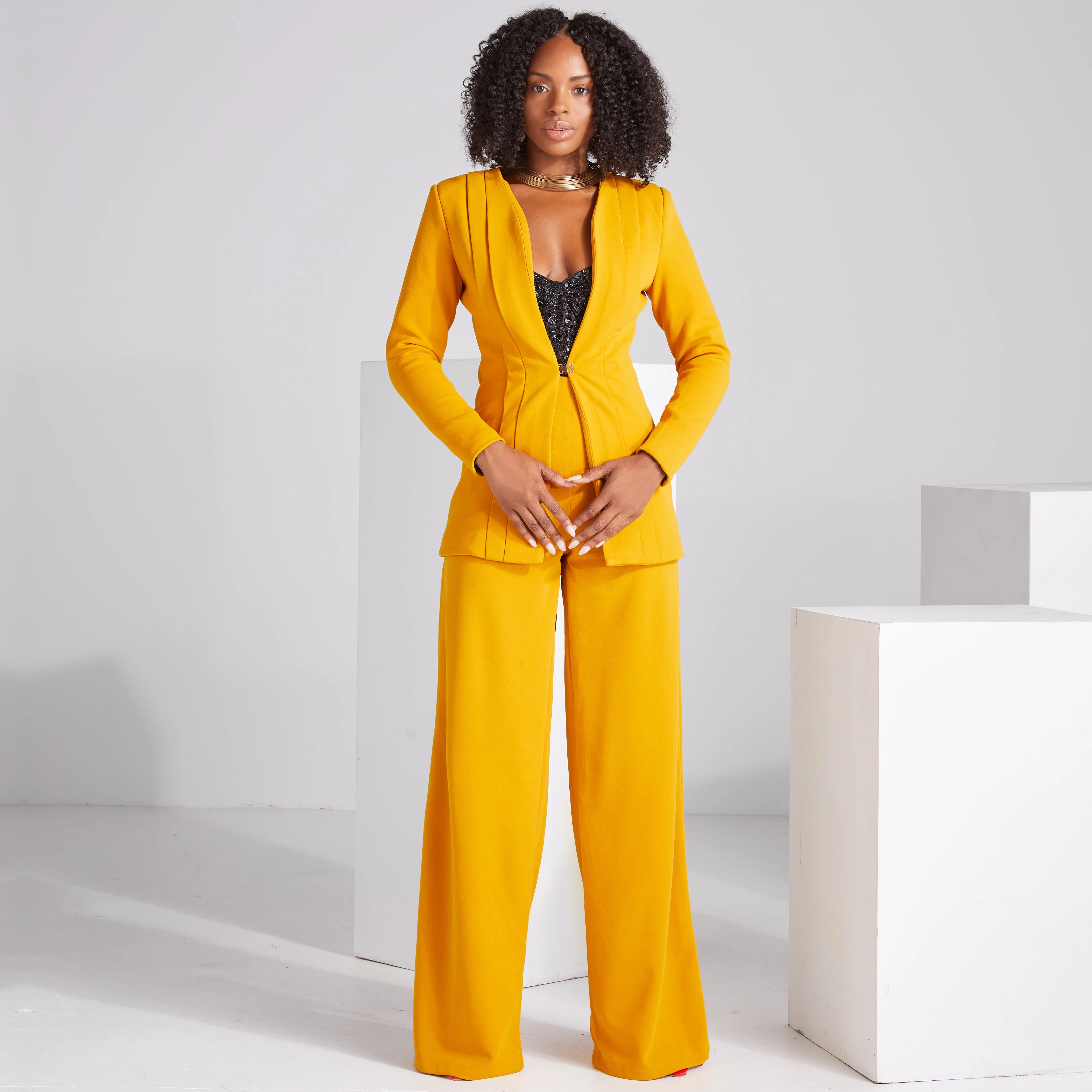 Rebel Stretch Pleated Blazer - Mustard Gold