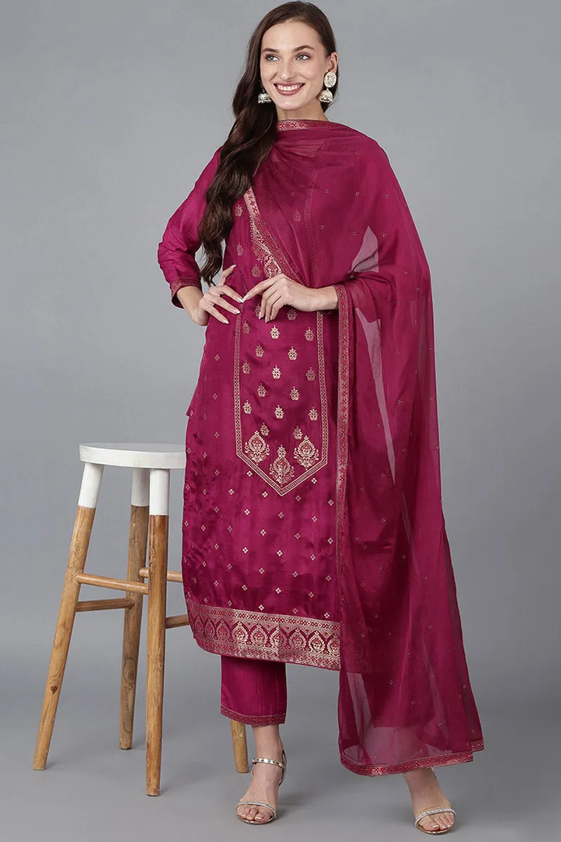 Red Viscose Rayon Solid Straight Kurta Trousers With Dupatta