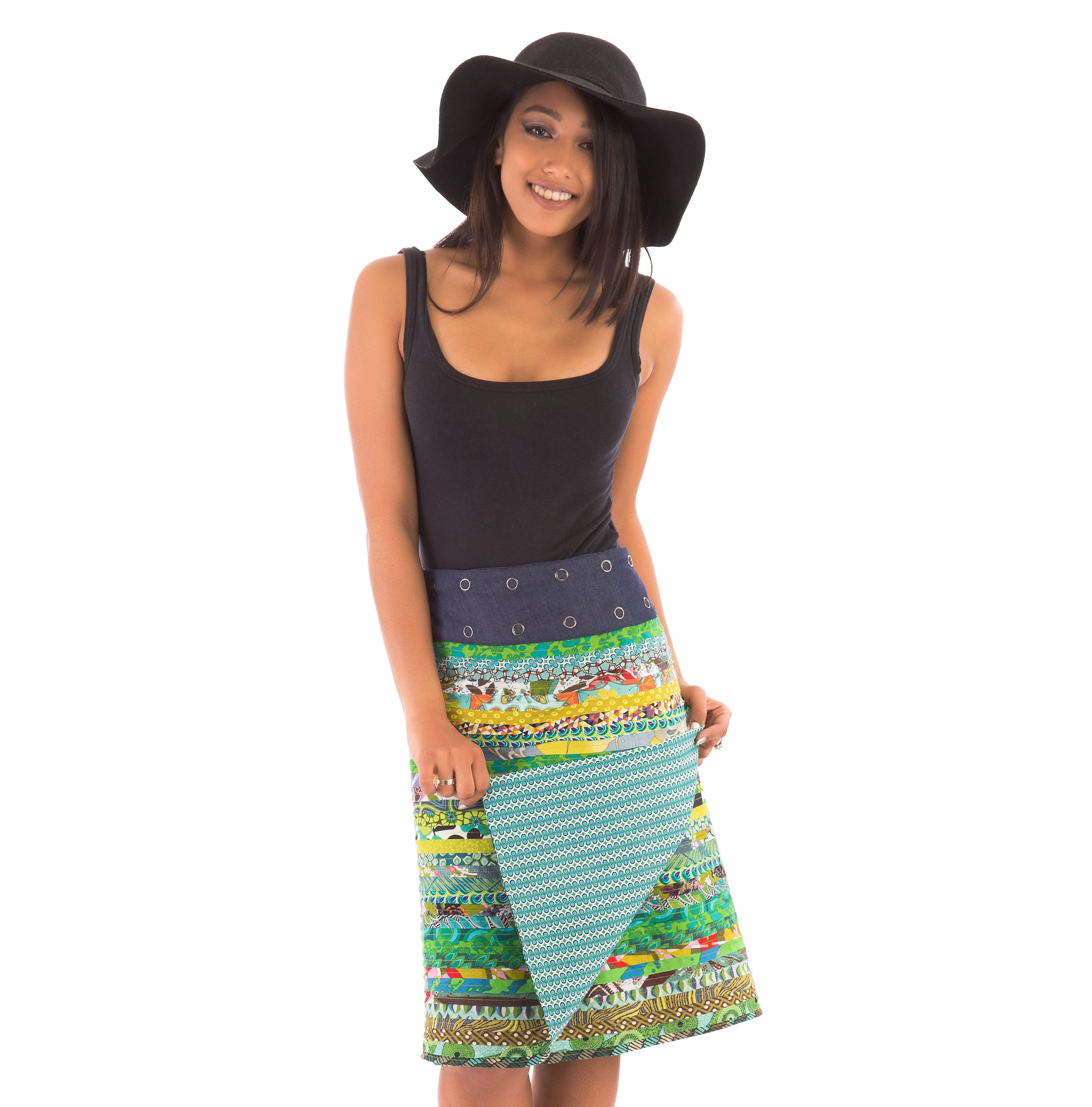 Reversible Cotton Skirt Green Patch with Green Blue Print and Denim Belt