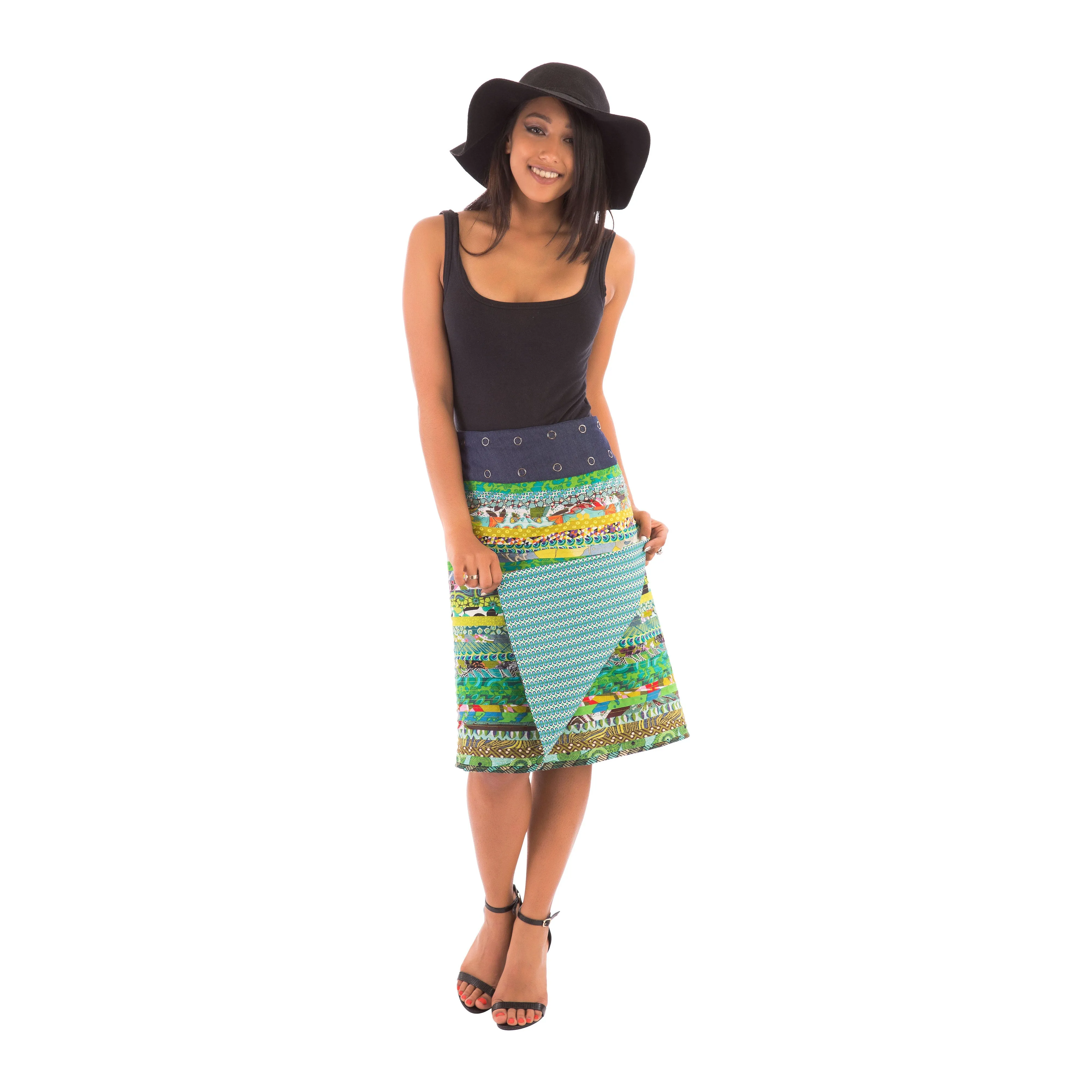 Reversible Cotton Skirt Green Patch with Green Blue Print and Denim Belt