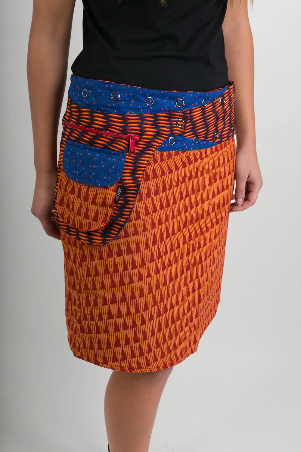 Reversible Cotton Skirt Orange Blue Print Orange Blue Print Belt with Detachable Pocket