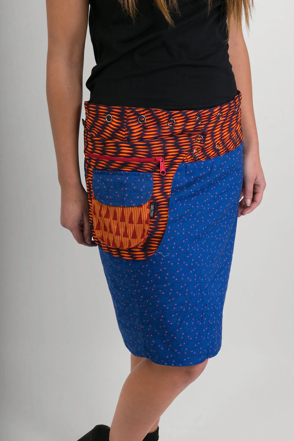 Reversible Cotton Skirt Orange Blue Print Orange Blue Print Belt with Detachable Pocket