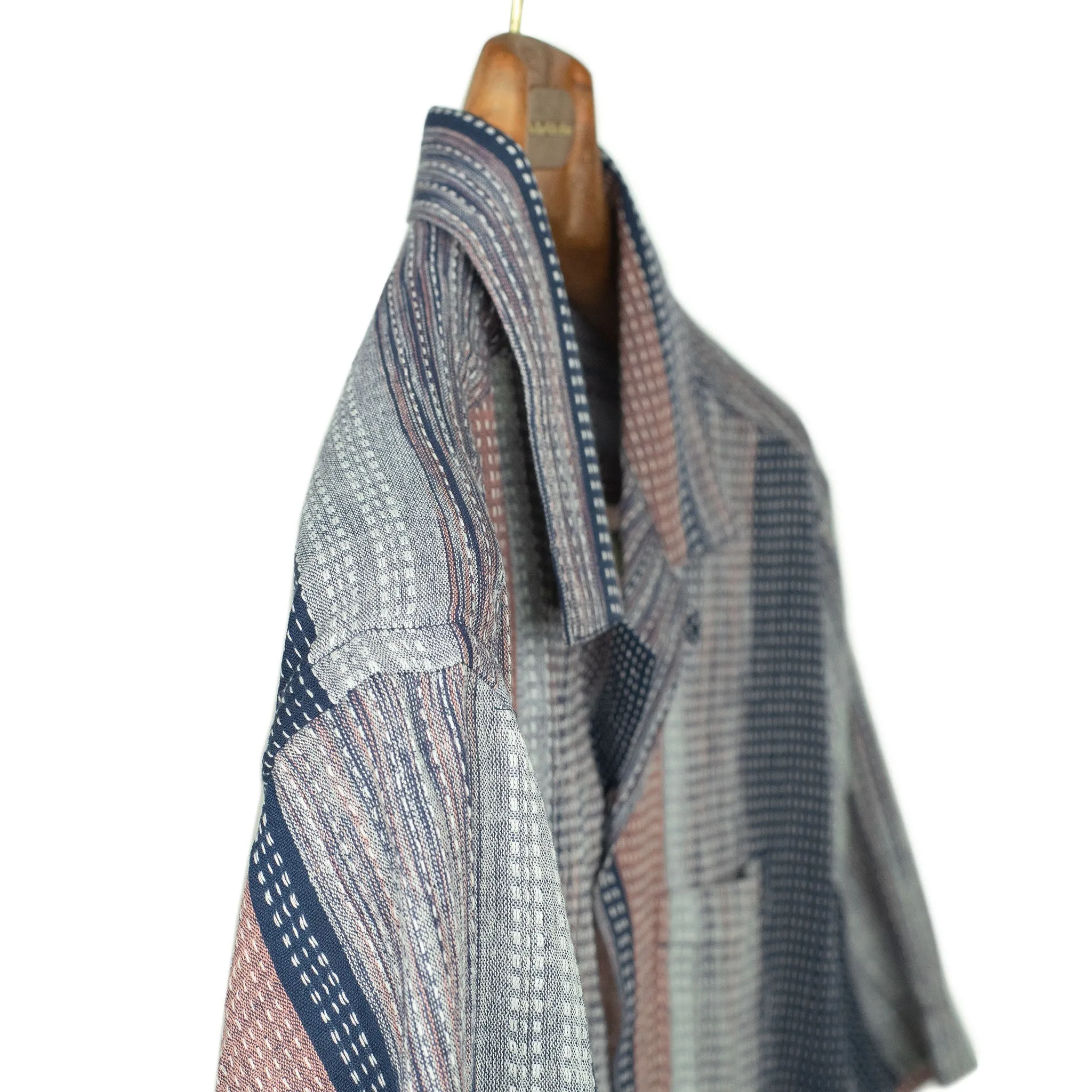 Ronen camp shirt in mauve, navy and grey block stripe rice stitched cotton